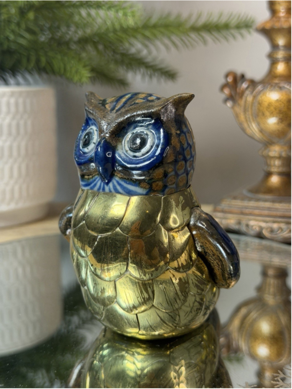 Vtg Tonala brass and pottery owl figurine folk art blue white porcelain MCM 4”